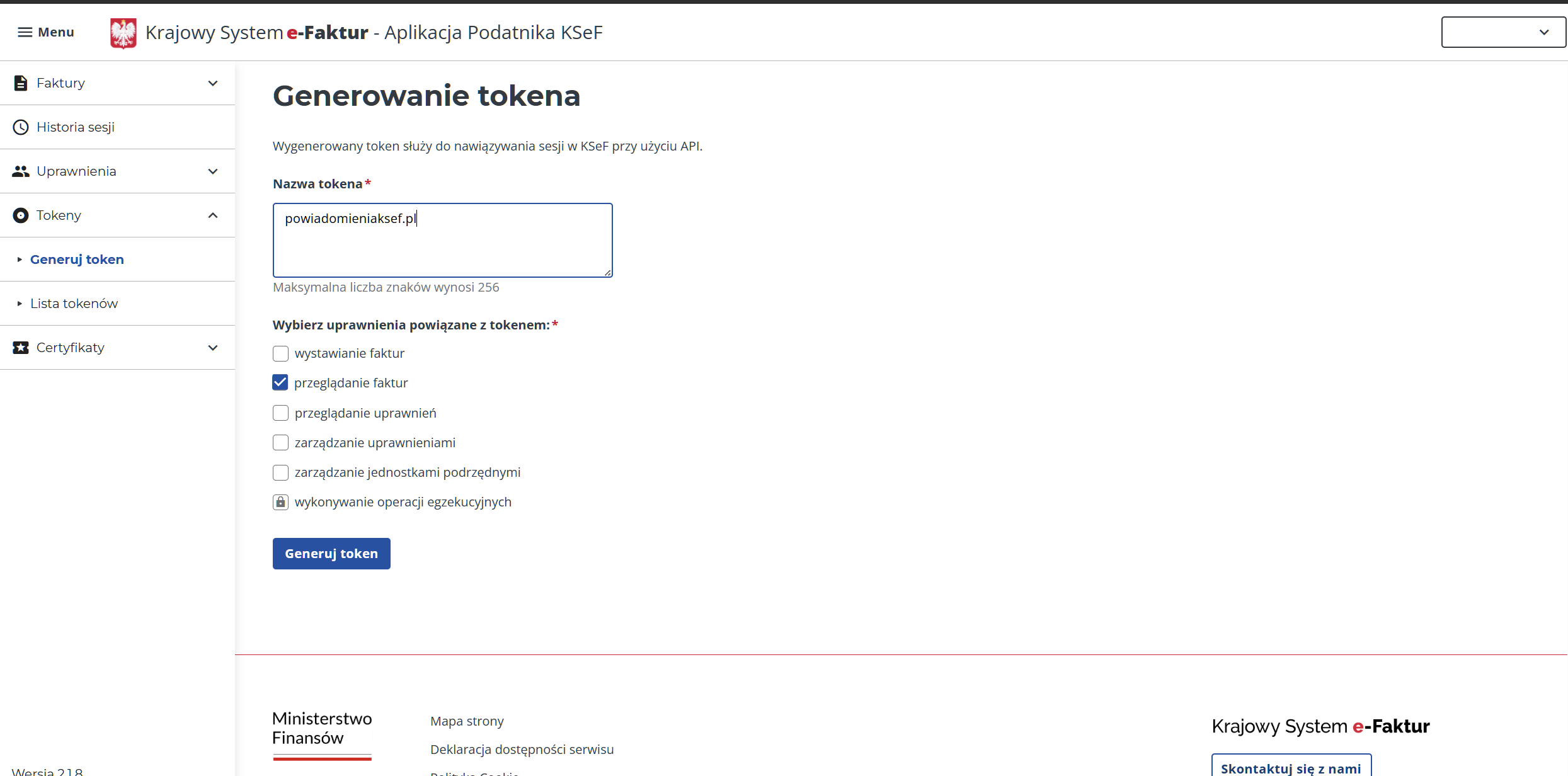 Formularz generowania tokenu KSeF